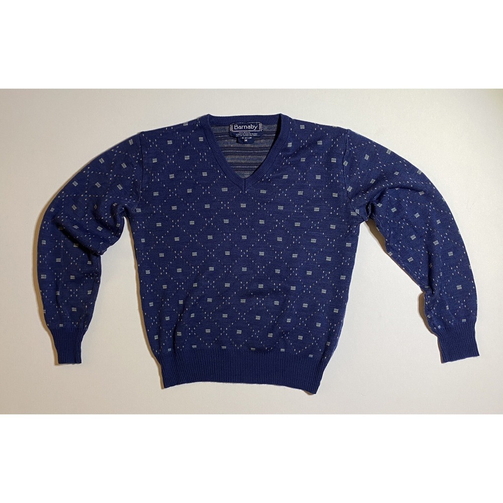 Vintage Barnaby Mens Medium Pullover V-Neck Blue Geometric Acrylic Knit Sweater